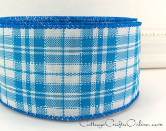 CLEARANCE! Wired Ribbon, TWENTY FIVE Yard Roll, 2 1/2", Teal Blue and White Plaid,  Offray ~ Verna 40 ~ Turquoise Check Wire Edged Ribbon