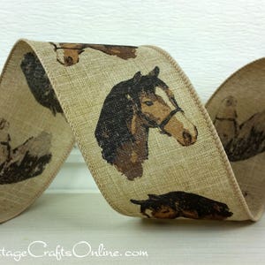 Wired Ribbon, 2.5 Horse Head on Tan Linen Look TEN YARD ROLL Equine Natural Americana, Western Craft Wire Edged Ribbon image 4