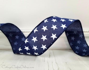 Patriotic Star Wired Ribbon 1.5", White Random Star on Navy Blue - TEN YARD ROLL ~ Susan ~ July 4th, Memorial Day Wire Edged Ribbon