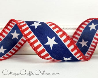 Wired Ribbon, 1 1/2" Bold Stars, Navy Blue, Red Striped Edge, White Satin - TEN YARD ROLL - "Freedom 3" Patriotic, July 4 Wire Edged Ribbon