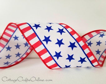 Wired Ribbon, 2.5", Blue Glittered Stars, Red Striped Edge, White - TEN YARD Roll ~ Field of Stars 40