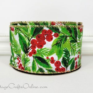 Christmas Wired Ribbon, 2.5, Red Glitter Berries and Greens, Checkered Back, TEN YARD ROLL, d. Stevens Holiday Foliage Wire Edge image 4