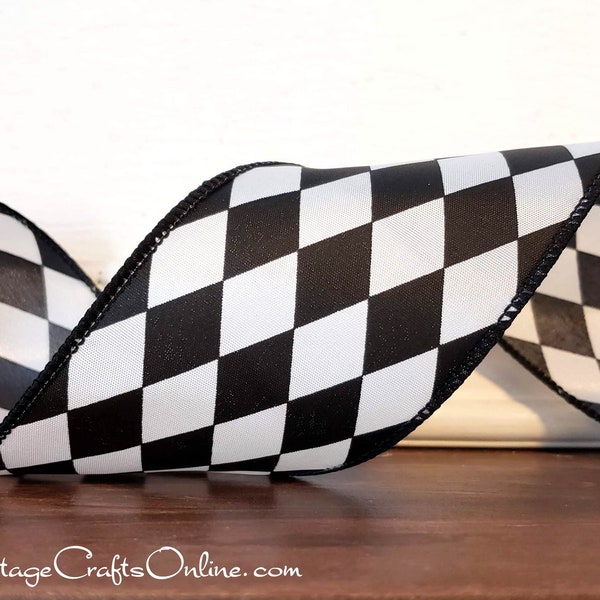 Wired Ribbon, 2 1/2" wide, Black and White Harlequin Diamond - TEN YARD ROLL - "Court Jester 1040" Craft Wire Edged Ribbon