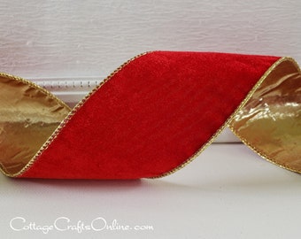 Christmas Wired Ribbon, TWENTY FIVE YARD Roll, 2 1/2" Red Velvet, Gold Metallic Lame -  Offray ~ Vallise Red ~ Valentine Wire Edged Ribbon