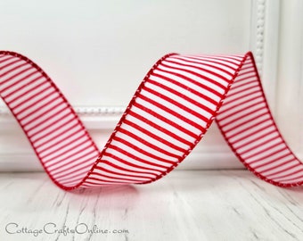 Horizontal Stripe Wired Ribbon, 1.5" wide, Red and White Thin Stripe - TEN YARD ROLL ~ Alistair Pinstripe 9 ~ Narrow Wire Edged Ribbon