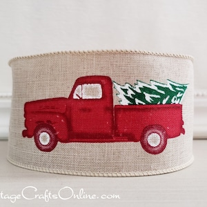 Christmas Wired Ribbon, 2.5&quot;, Red Truck, Christmas Tree on Faux Linen - TEN YARD Roll  ~ Tree Truckin&#39; 2 ~ Pick-up Truck