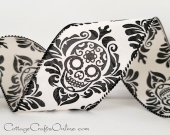 Halloween Wired Ribbon, 2 1/2" Black Skulls on White  - TEN YARD ROLL - Offray ~ Posada ~ Skeleton Wire Edged Craft Ribbon