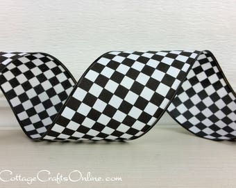 Wired Ribbon, 2.5", Black and White Check Plaid - TEN YARD ROLL ~ Raceway 1040 ~ Race Finish Flag, Wire Edged Ribbon