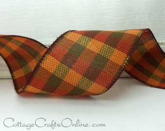 Wired Ribbon, 2.5", Dark Orange, Olive Green, Cranberry Fall Plaid - Ten Yard Roll  ~ Knit Plaid No. 401 ~ Autumn, Thanksgiving 40