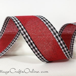 May include: Red and white gingham ribbon with a red center stripe. The ribbon is woven with a textured look and has a black and white gingham trim.