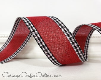 Wired Ribbon, 1.5", Burgundy Red, Black White Mini Check Border ~ TEN YARD ROLL ~ Samuel B9 ~  Gingham Edge ~  Christmas Wire Edged Ribbon