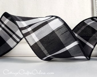 d. Stevens Wired Ribbon, 2.5", Black and White Faux Silk Plaid ~ TEN YARD Roll ~ Adam ~ Tartan Check Christmas Wire Edged Ribbon