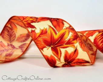 Fall Wired Ribbon: 2.5" Orange Burgundy Leaf Ribbed Satin - TEN YARD ROLL ~ Ellison ~ Wire Edged