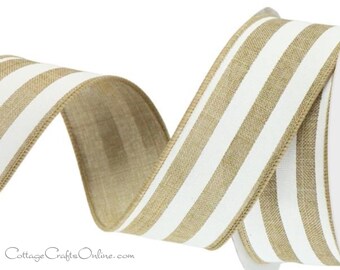 Striped Wired Ribbon, 1.5" wide, Beige and White, TEN YARD ROLL ~ Jodie Tan Stripe 9 ~ Summer, Spring, Fall Wire Edged Ribbon