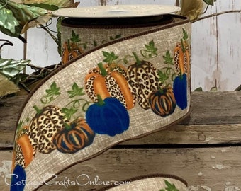 Wired Fall Ribbon,  2.5", Leopard Print, Navy Blue Pumpkins, Linen Style, TEN YARD ROLL, d. Stevens ~ Navy Taymar ~ Thanksgiving Wire Edge