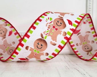 Christmas Wired Ribbon, 2.5", Gingerbread Man, Woman, Tree, Candy Cane - TEN YARD ROLL ~ Rafferty Gingerbread Stripe ~  Wire Edged Ribbon