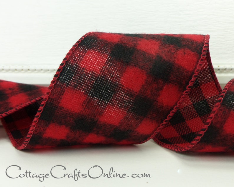 THIRTY THREE YARD Roll Buffalo Plaid Christmas Wired Ribbon, 2.5 wide, Red and Black Flannel Lumberjack Check Wire Edged Ribbon image 2