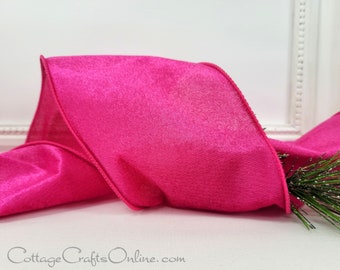 Christmas Wired Ribbon, 4"  Fuchsia Pink Velvet Style - TEN YARD ROLL -  Bright Pink  Wire Edged Ribbon