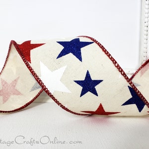 Wired Ribbon 2.5, Red and Blue Glitter, White Stars on Cotton Look TEN YARD ROLL Starry Patriotic, July 4th Wire Edge Ribbon image 1