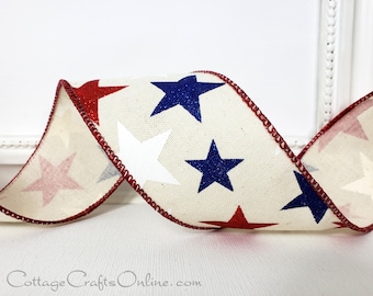 Wired Ribbon 2 1/2", Red and Blue Glitter, White Stars on Cotton Look - TEN YARD ROLL ~ Starry ~  Patriotic, July 4th Wire Edge Ribbon