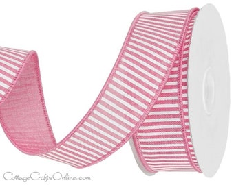 Pink and White Striped Wired  Ribbon, 1.5" wide, Ten Yard Roll,  Narrow Stripe 9 ~ Horizontal Stripe Wire Edged Ribbon