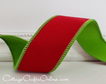Christmas Wired Ribbon, 1.5" Red Velvet with Lime Green Back - TEN YARD ROLL ~ Offray ~  Duet Rochester ~  Double Faced Wire Edged  Ribbon