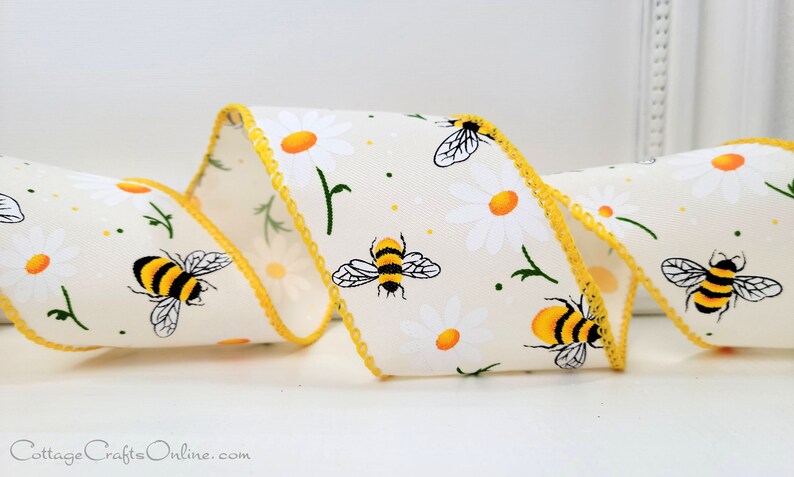 Wired Ribbon 2.5 Bumble Bees and White Daisies on White Twill TEN YARD Roll Bee Daisy Spring, Summer image 3