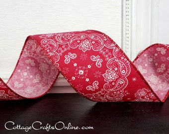 THREE YARDS, 2.5", Red and White Bandana Print Wired Ribbon, Offray ~ Carson ~ Summer, Picnic, Western Ranch Craft Wire Edge Ribbon