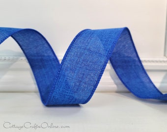 Wired Ribbon, 1.5" Royal Blue Faux Linen - TEN YARD ROLL ~ Divinely Royal Sapphire Blue ~ Spring, Summer, Fall, July 4th Wire Edged Ribbon