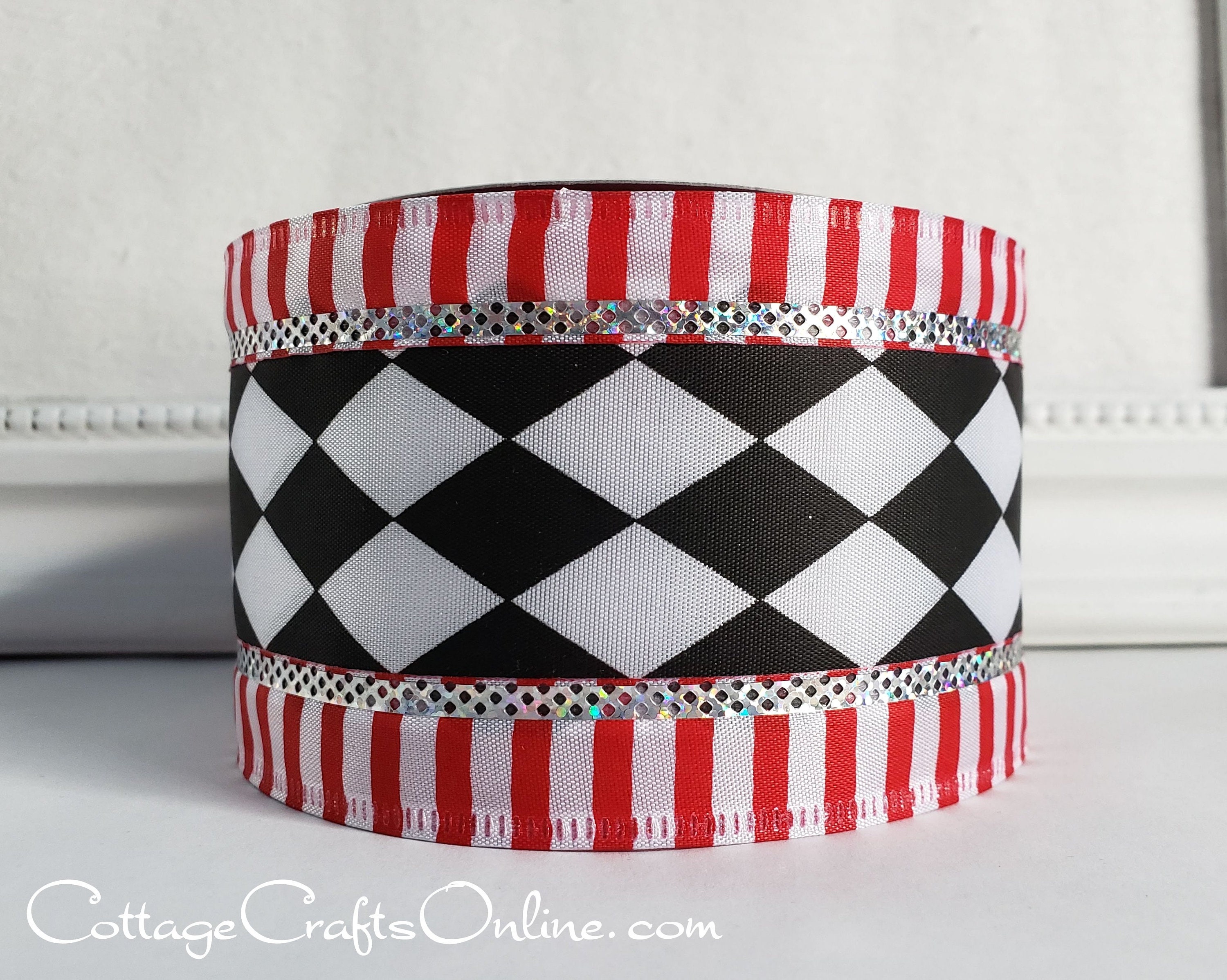 10 yards Woven Gingham Black White Wired Ribbon