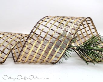 Wired Ribbon, 2.5"  Brown, Gold Glitter Grid Check - TEN YARD ROLL ~ Valet Brown 40 ~ Fall, Thanksgiving, Christmas Sheer Wire Edged Ribbon