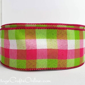 THREE YARDS, Wired Ribbon, 2.5 wide, Pink, Green, White Check Twill Plaid Watermelon Breeze Celine Spring, Summer Wire Edged Ribbon image 2