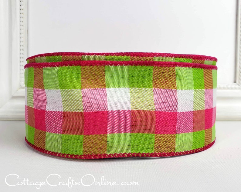 THREE YARDS, Wired Ribbon, 2.5 wide, Pink, Green, White Check Twill Plaid Watermelon Breeze Celine Spring, Summer Wire Edged Ribbon image 2
