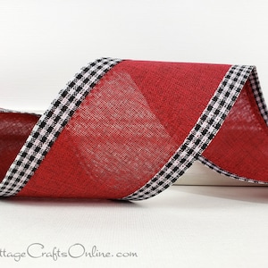 May include: Red and black buffalo plaid ribbon with a white border. The ribbon is made of a textured fabric and is perfect for adding a touch of rustic charm to your crafts.