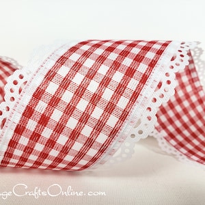 May include: Red and white gingham ribbon with white lace trim. The ribbon is folded in half and the lace trim is visible on both sides.