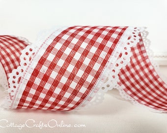 Wired Ribbon, 2.5", Scalloped Eyelet Edge, Red and White Gingham Plaid - TEN YARD ROLL ~ Julia Check 40 ~ Summer, Christmas Wire Edged