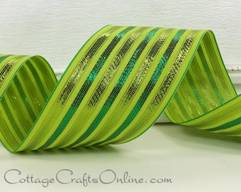 Wired Ribbon, 2.5", Lime, Green Metallic Stripe - THREE YARDS, "Baroque Emerald" Christmas, St. Patrick's Craft Wire Edged Ribbon