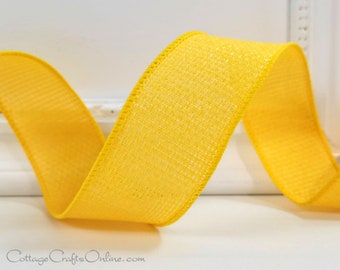 Bright Yellow Wired Ribbon, 1.5" wide, Open Cross Weave Linen Look - TEN YARD ROLL ~  Hopsack Sun ~ Easter Spring Summer, Fall Wire Edged