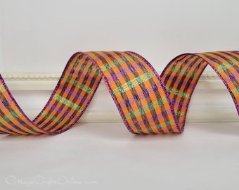 THREE YARDS, Halloween Wired Ribbon 1.5 inches wide, Orange, Black, Purple, Lime Green Metallic Plaid ~ Hollow