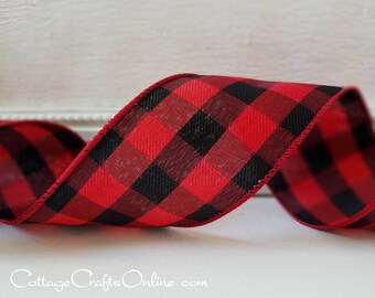 THREE YARDS, Buffalo Plaid Christmas Wired Ribbon, 2.5" wide, Red and Black Check ~ Celine Twill 340 ~ Wire Edged Ribbon