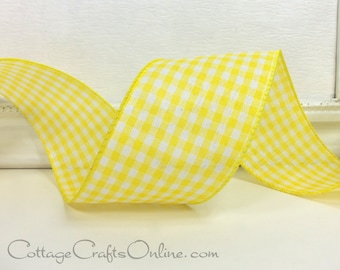 THREE YARDS, Wired Ribbon 2.5" wide, Yellow White Gingham Check Plaid, Offray, Summer, Spring, Easter,  Lemon Wire Edged Ribbon