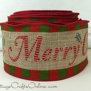 Merry Christmas Print Wired Ribbon, 2.5&quot; wide, Tan Heather, Red & Green Check Edge - TEN YARD Roll - ~ Merry ~ Craft Wire Edged Ribbon