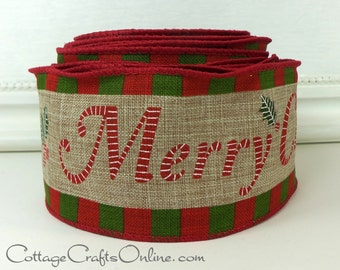 May include: A rolled-up Christmas ribbon with a burlap texture. The ribbon features the word "Merry" in red with white stripes, framed by red and green checkered borders. The edges are trimmed in red.