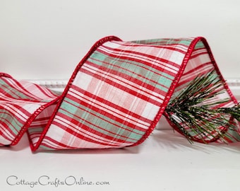Christmas Wired Ribbon, 2.5",  Red, White, Sea Glass Aqua Green Faux Dupioni Tartan Stripe - TEN YARD ROLL ~ Lipton 40 ~ Wire Edged Ribbon