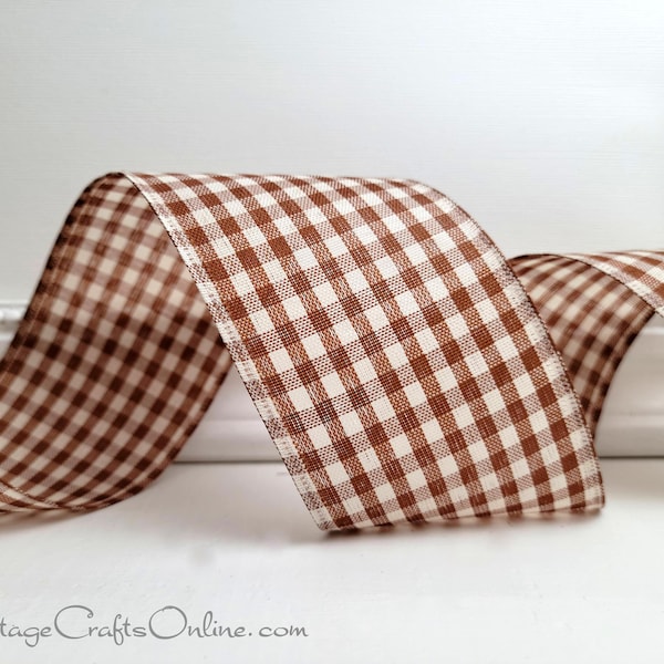 Fall Wired Ribbon, 2.5",   Brown, Ivory Gingham Check ~ TEN YARD ROLL ~ Prim Farmhouse Plaid 40, Thanksgiving Autumn Wire Edged Ribbon