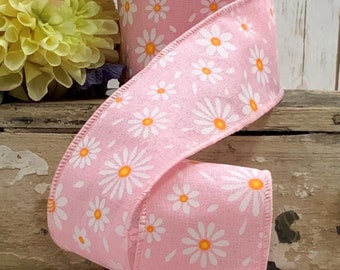 d. Stevens Wired Ribbon, 2.5"  wide, Pink Shasta Daisy Print, TEN YARD ROLL ~ Dinah ~ Light Pink, White Floral Spring, Summer Wire Edged