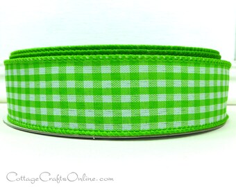 FIFTY YARD ROLL Wired Ribbon, 1.5 wide",  Grass Green Gingham Check Plaid - Offray ~ Main Street Apple ~ Summer, Spring, Wire Edged Ribbon