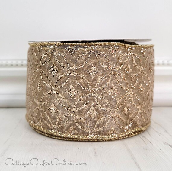 Wired Champagne Glitter Ribbon, Champagne Ribbon for Wreaths and Bows 1.5 X  10 YARD ROLL 