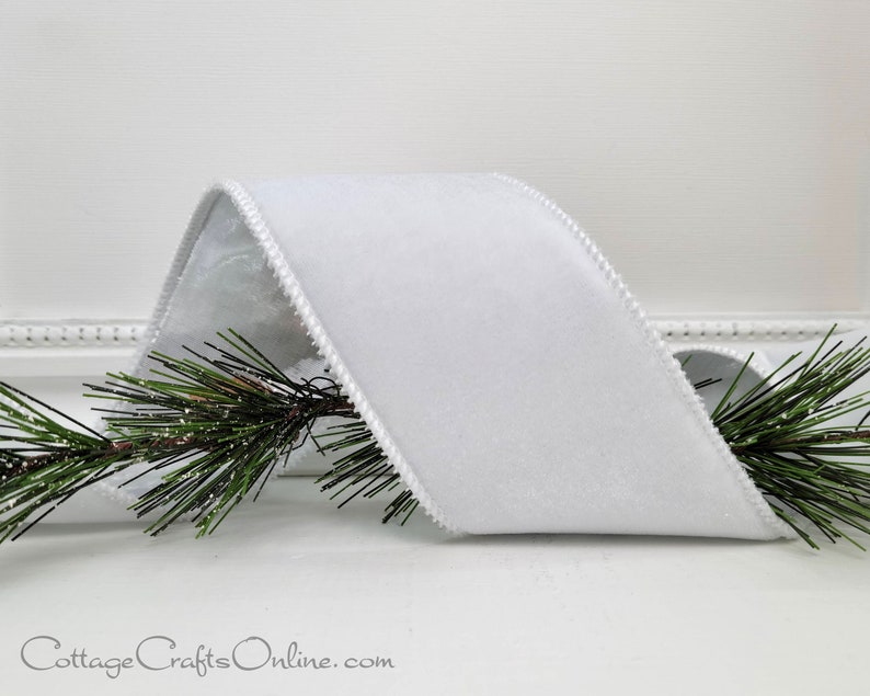 Christmas Wired Ribbon, 2.5 White Plush Velvet, Silver Metallic Back TEN YARD ROLL Offray Emeliat Holiday Wire Edged Ribbon image 5