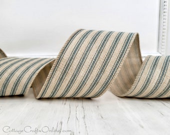 Blue and Ivory Cream Ticking Stripe Wired Ribbon, 2.5" wide, TEN YARD ROLL ~ Smoke Blue Ticking 40 ~ Summer, Spring, Wire Edged Ribbon
